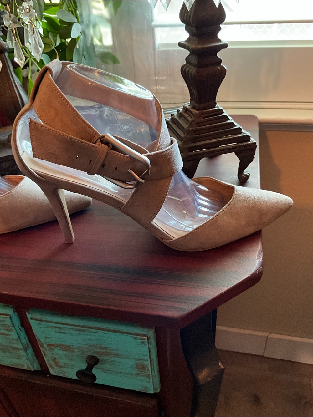 Pointed Toe Ankle Strap Suede Pumps in Taupe - Picture 5 of 9